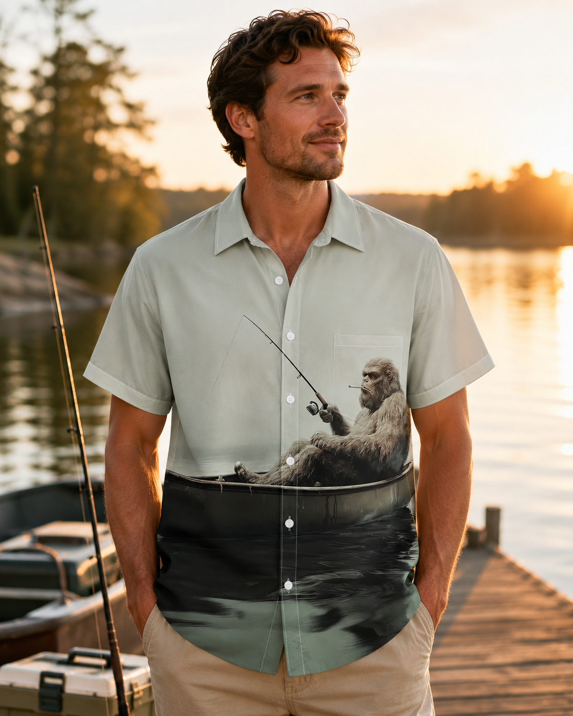 Men's Bigfoot Boat Fishing Hawaiian Shirt | Short Sleeve Shirt
