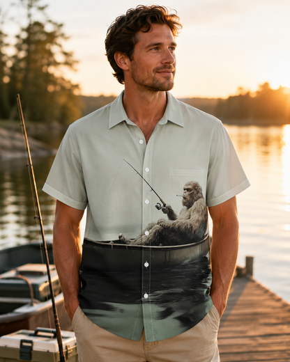 Men's Bigfoot Boat Fishing Hawaiian Shirt | Short Sleeve Shirt