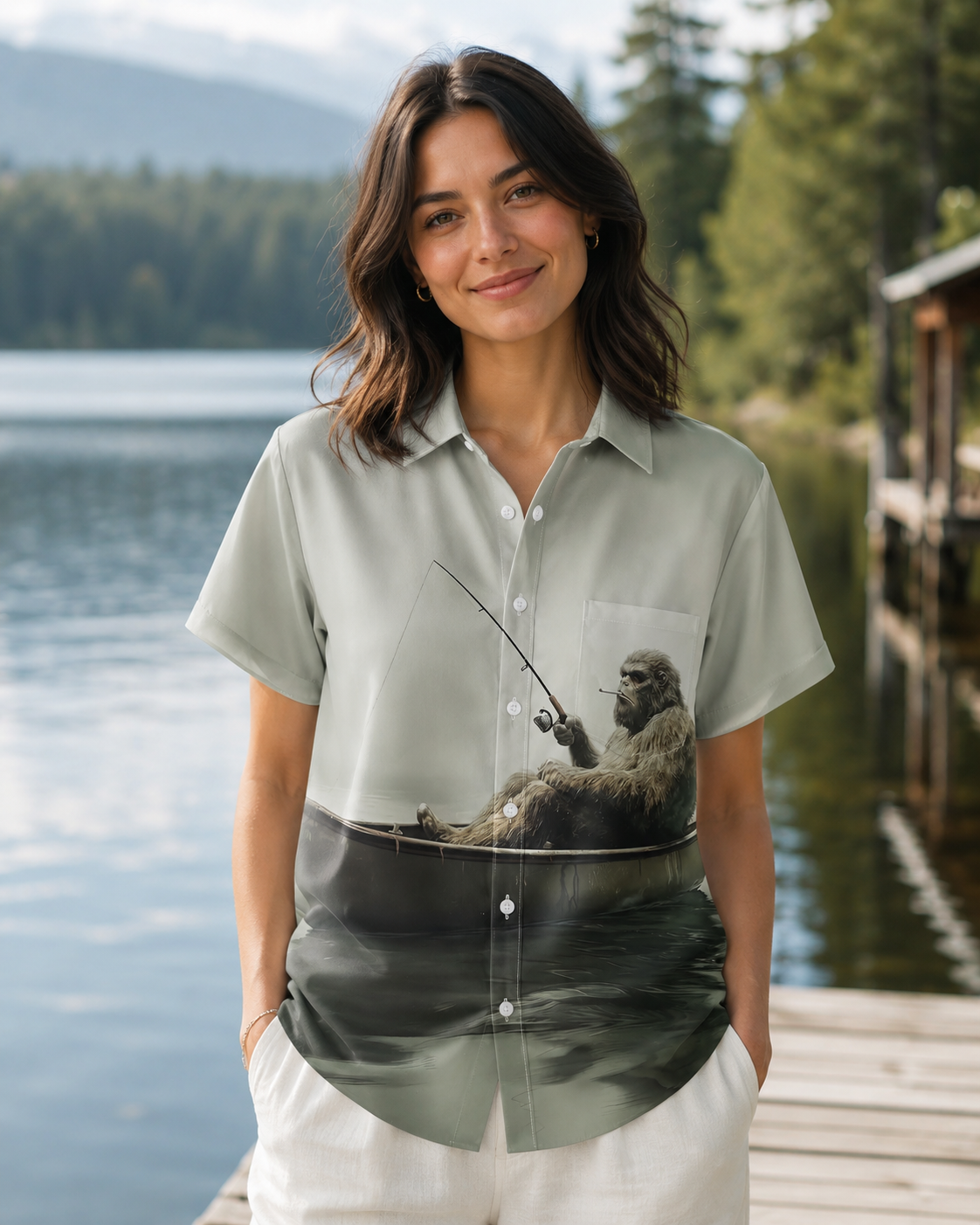 Men's Bigfoot Boat Fishing Hawaiian Shirt | Short Sleeve Shirt