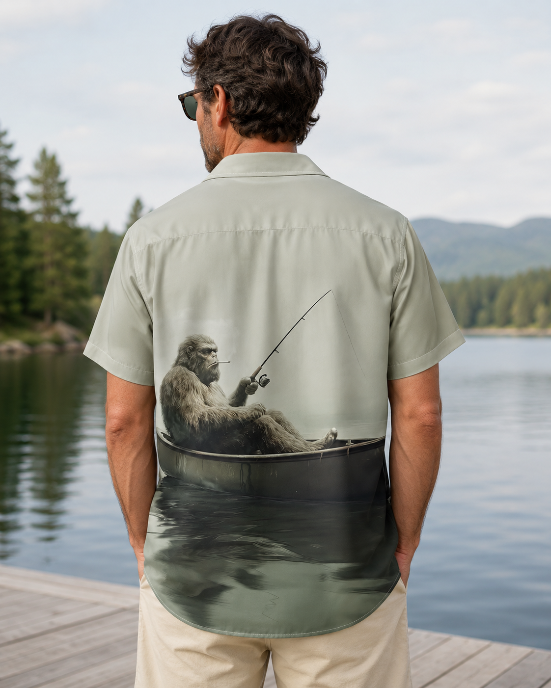 Men's Bigfoot Boat Fishing Hawaiian Shirt | Short Sleeve Shirt