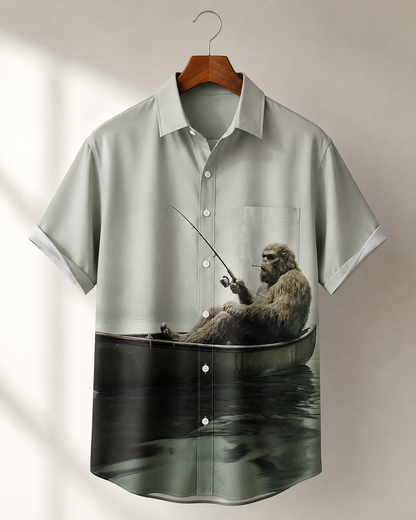 Men's Bigfoot Boat Fishing Hawaiian Shirt | Short Sleeve Shirt
