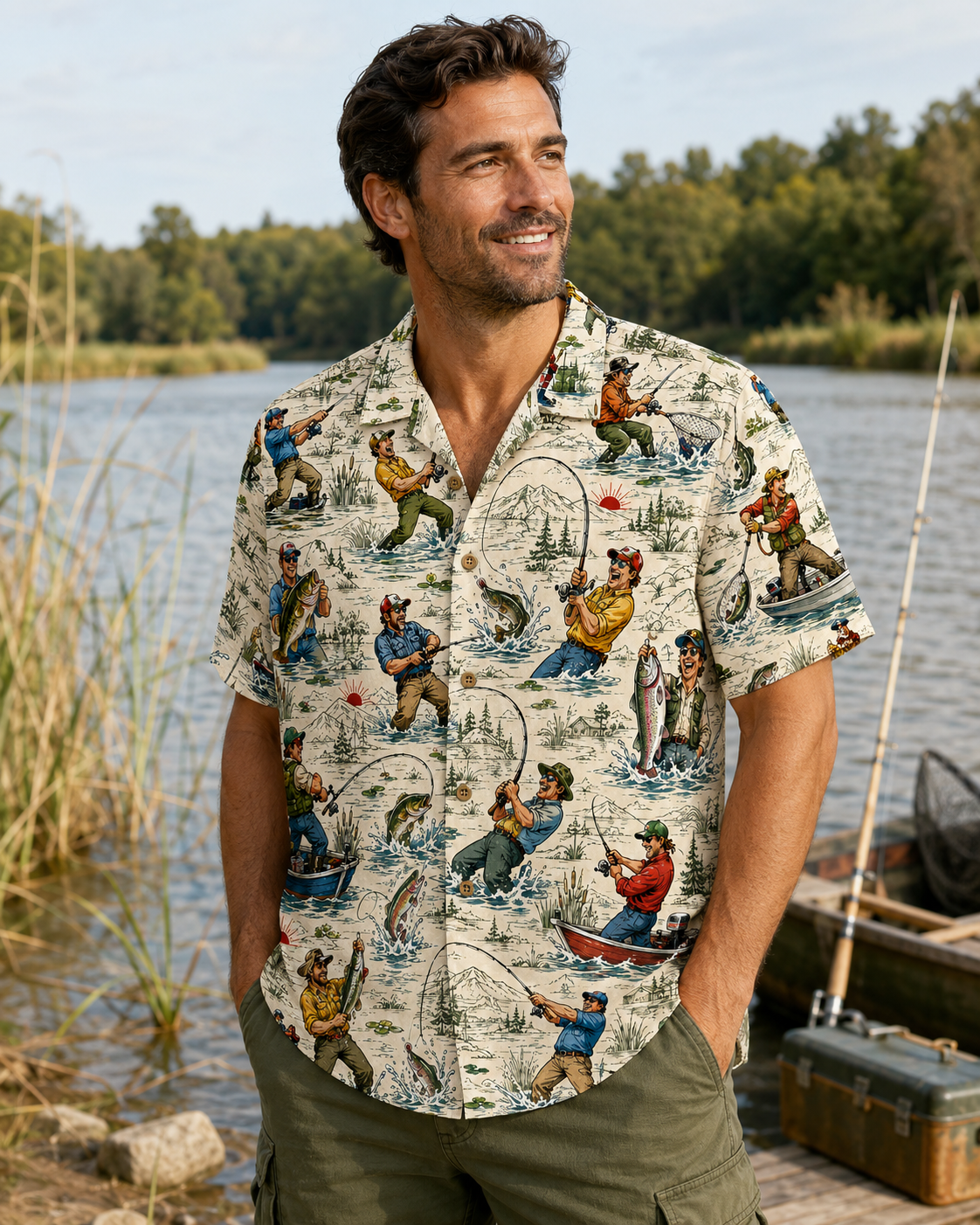 Cream Comic Fisherman Catching Bass Trout River Shirt