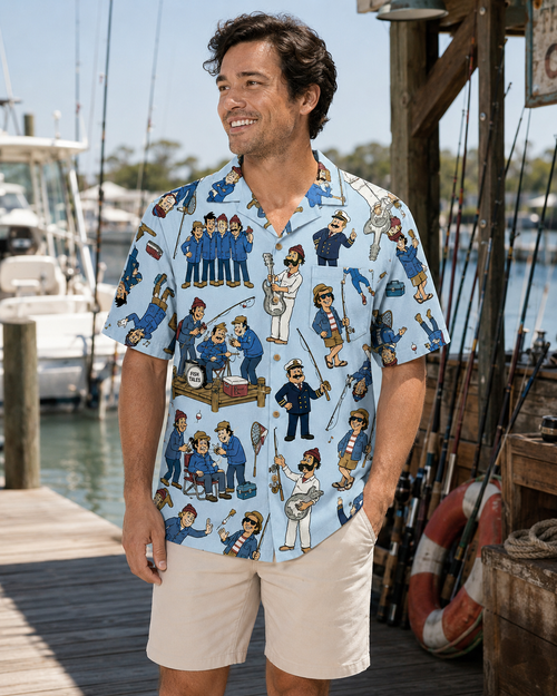 Blue Cartoon Fish Tales Band Captain Fisherman Shirt