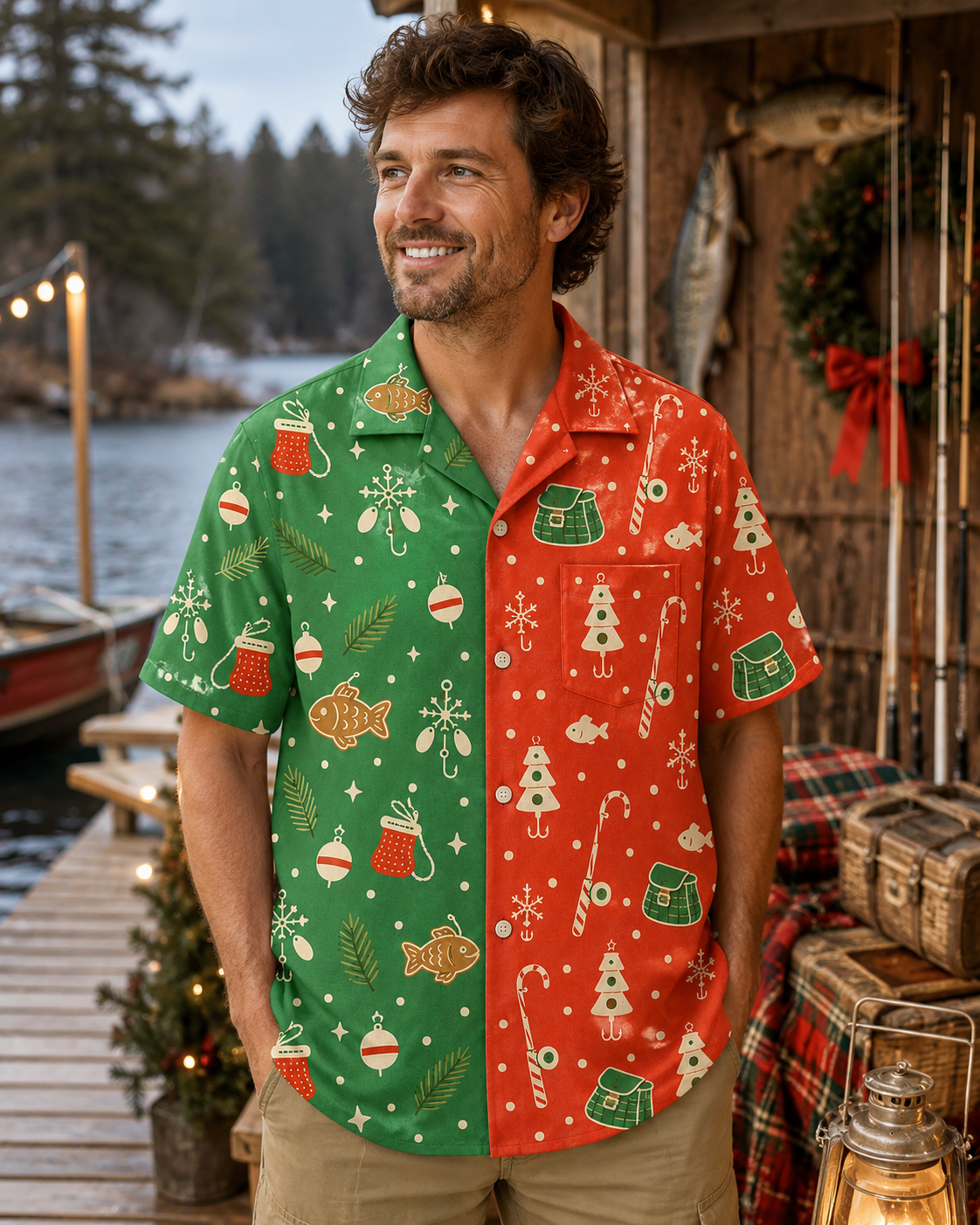 Green Red Split Christmas Fishing Gear Holiday Shirt
