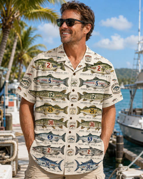 Cream Vintage Race Number Bass Trout Pike Camp Shirt