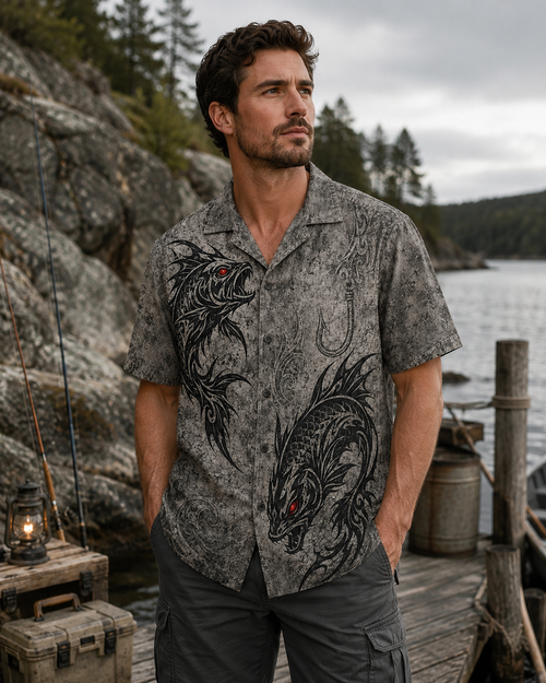 Gray Tribal Dark Fish Dragon Red Eye Camp Shirt