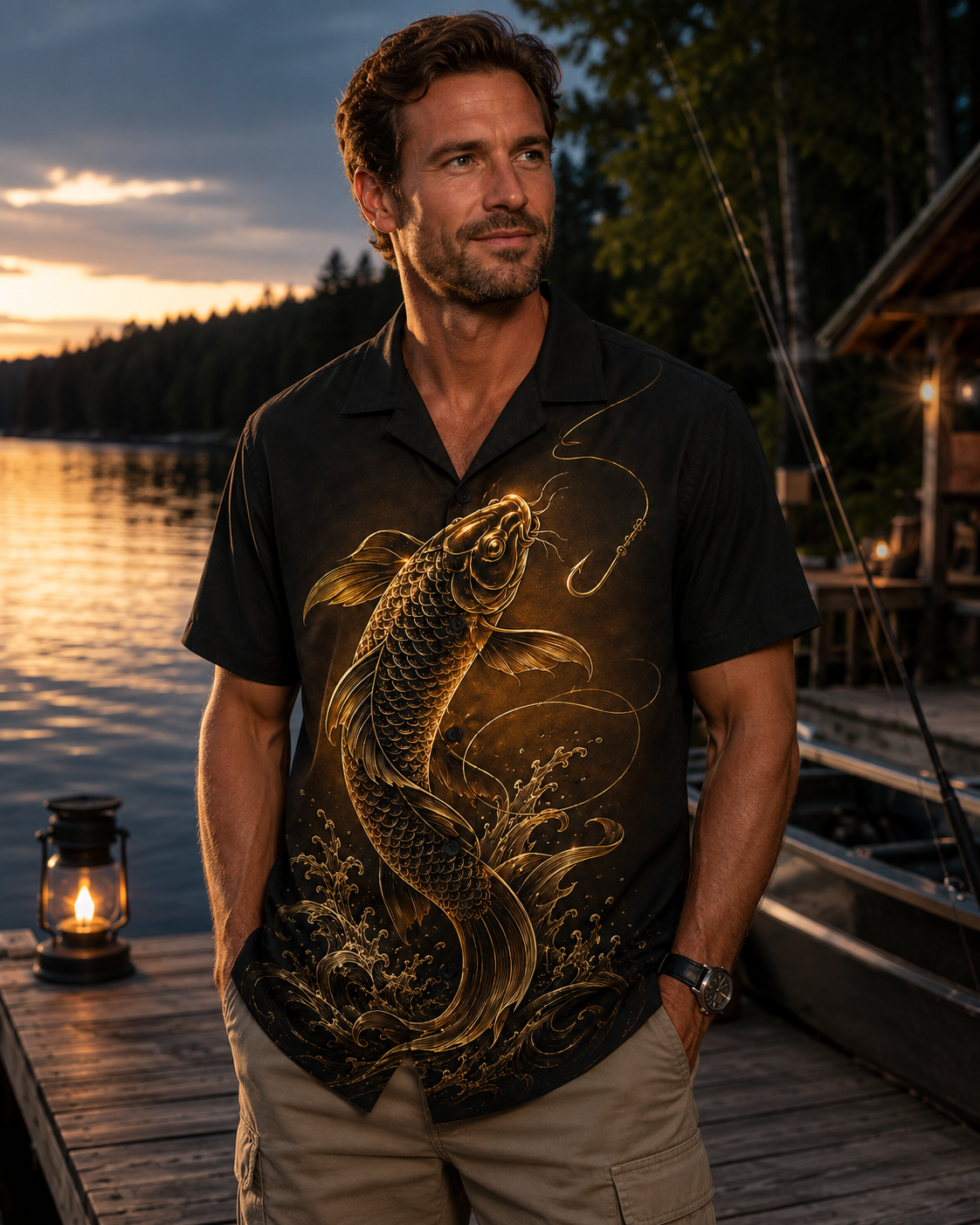 Black Gold Koi Carp Jumping Hook Night Camp Shirt