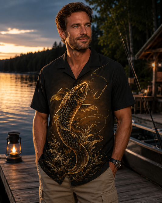 Black Gold Koi Carp Jumping Hook Night Camp Shirt