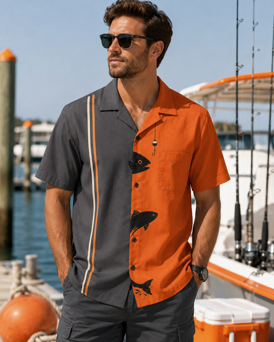 Gray Orange Split Retro Stripe Black Fish Camp Shirt