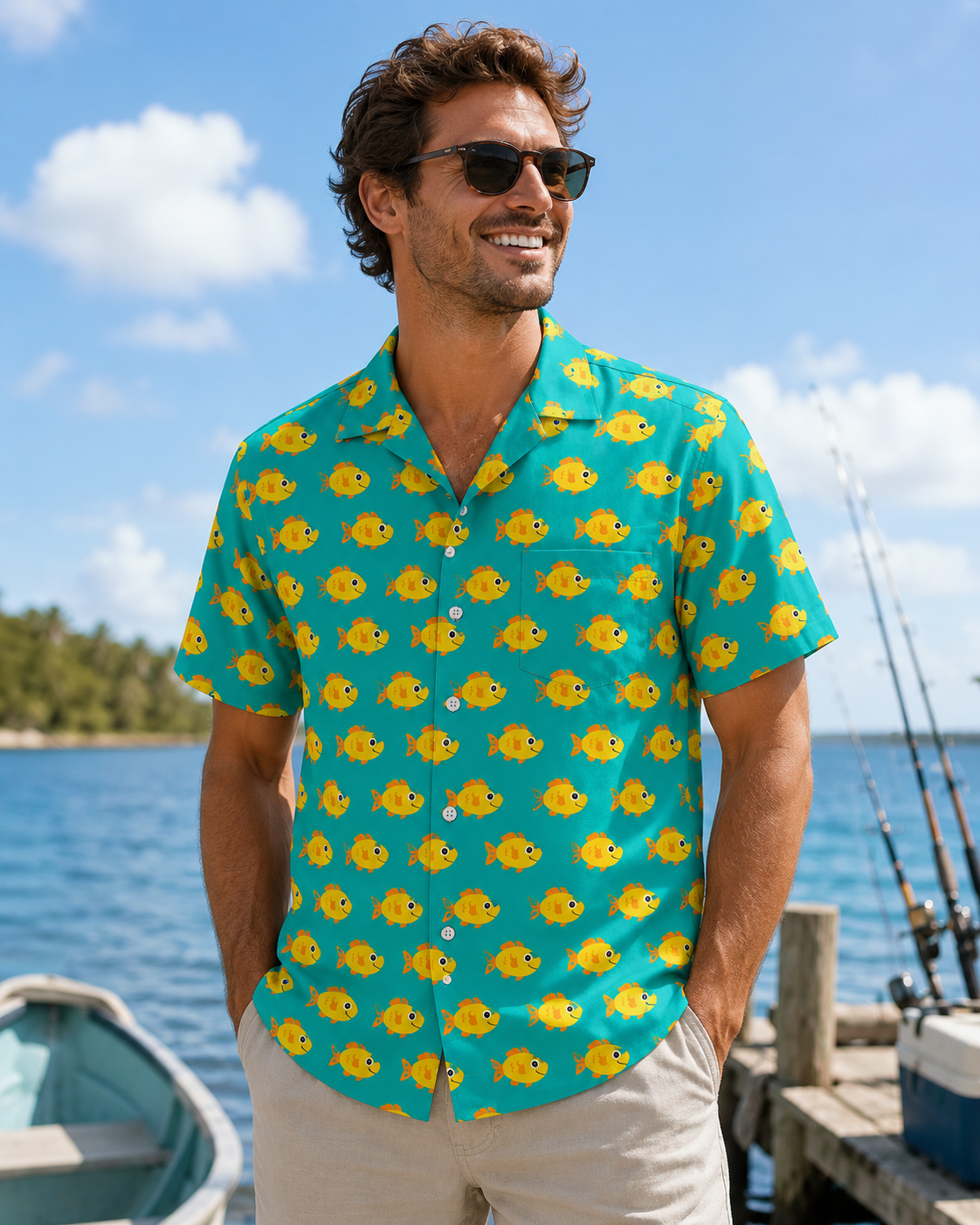 Teal Yellow Cute Cartoon Goldfish Pattern Camp Shirt