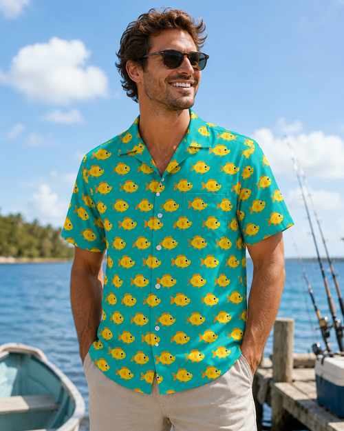Teal Yellow Cute Cartoon Goldfish Pattern Camp Shirt