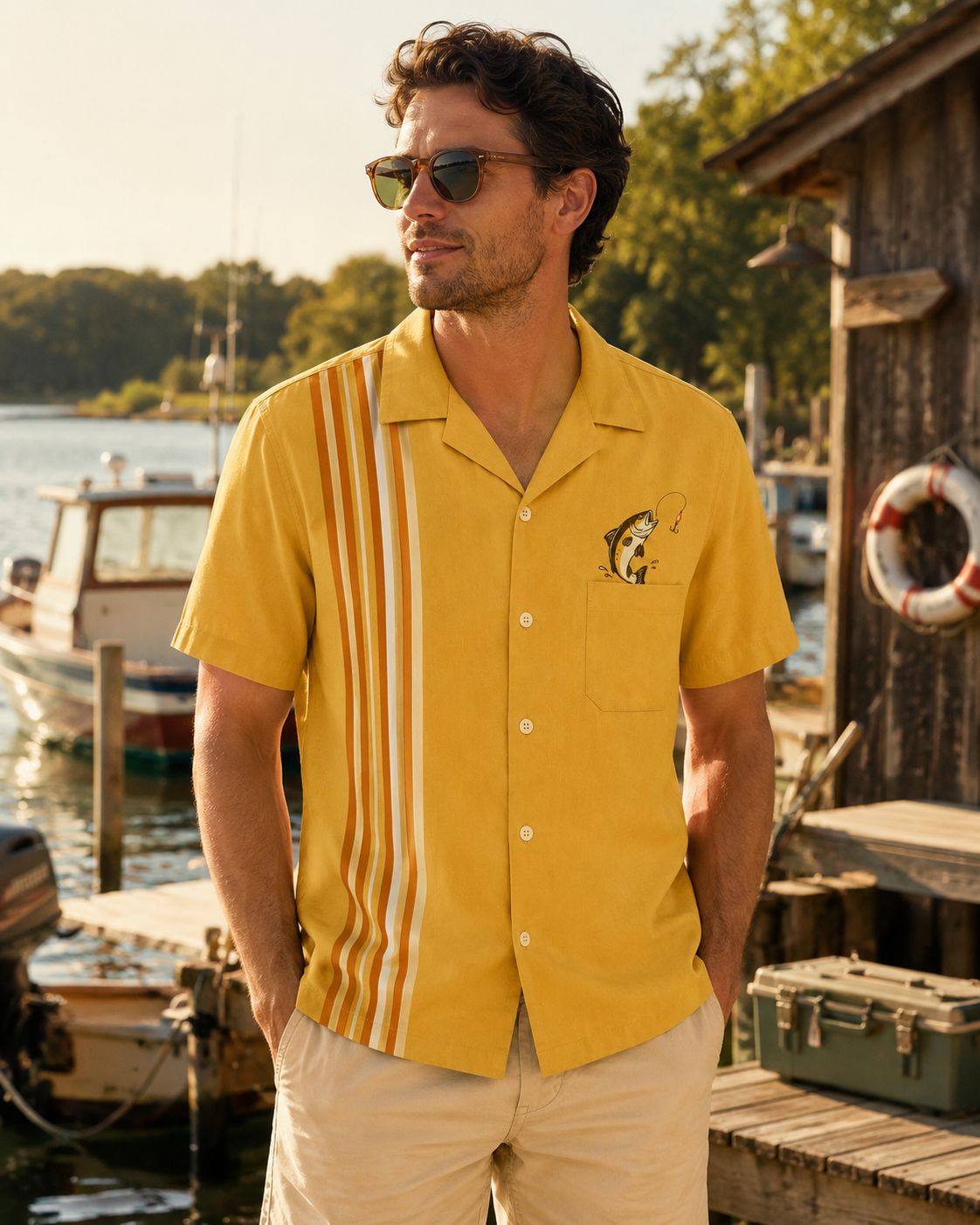 Yellow Retro Stripe Pocket Fish Embroidery Camp Shirt