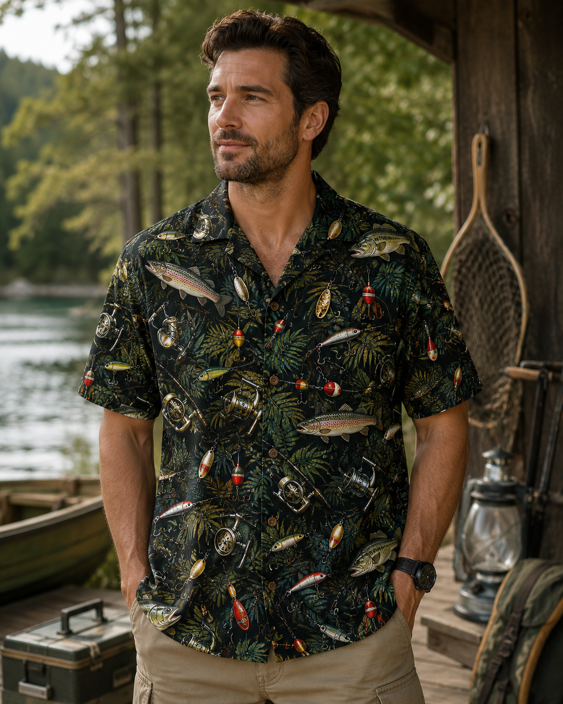 Black Dark Tropical Lure Reel Trout Jungle Camp Shirt