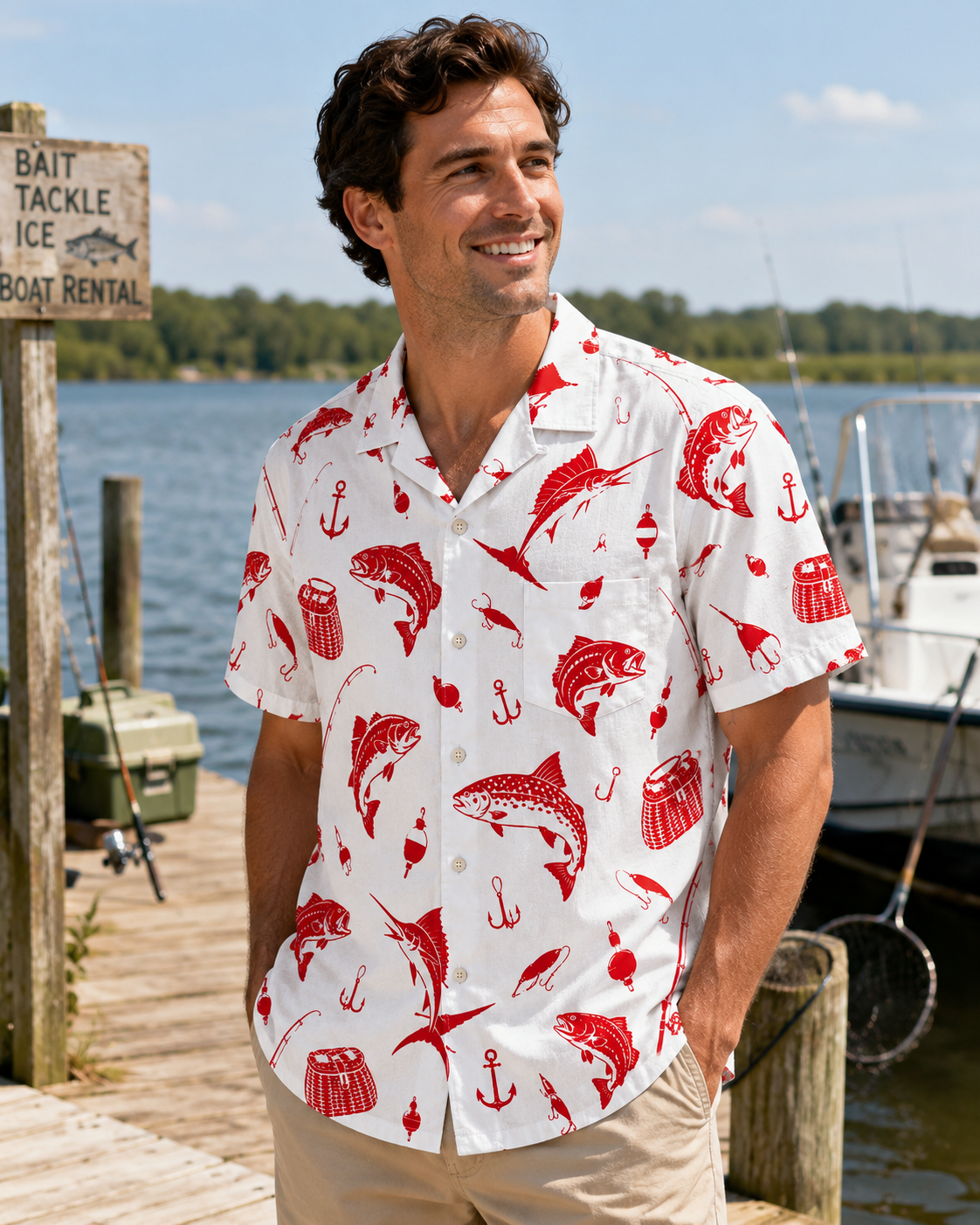 White Red Print Fish Marlin Anchor Tackle Camp Shirt