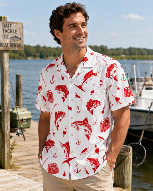 White Red Print Fish Marlin Anchor Tackle Camp Shirt