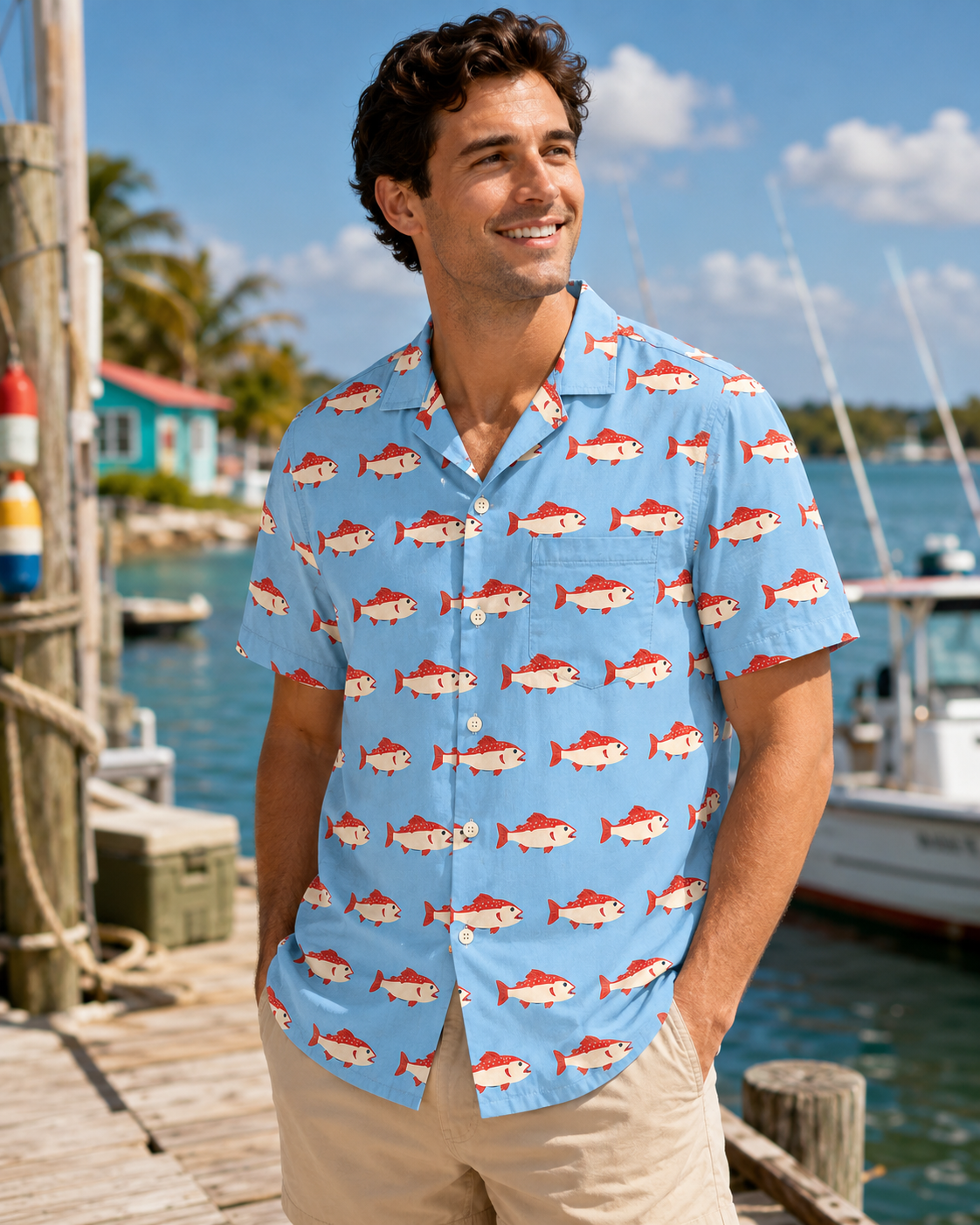 Sky Blue Retro Red Drum Redfish Pattern Camp Shirt