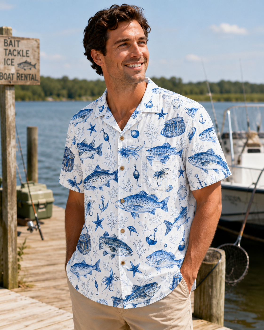 White Blue Toile Fish Starfish Anchor Tackle Camp Shirt