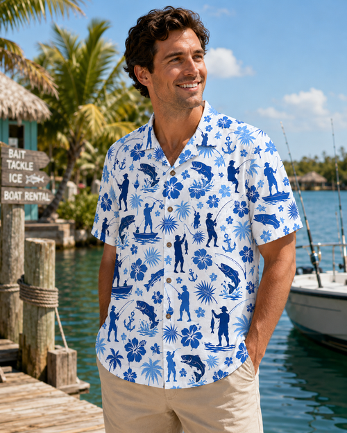 White Blue Fisherman Silhouette Hibiscus Hawaii Shirt