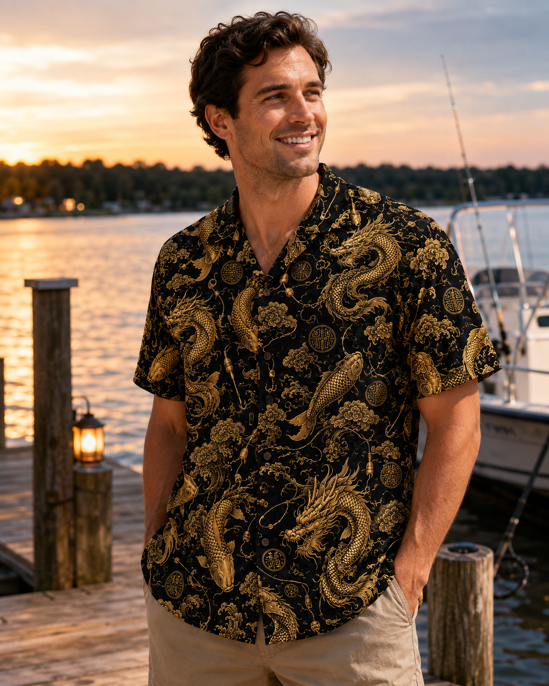 Black Gold Chinese Dragon Koi Carp Luxury Camp Shirt