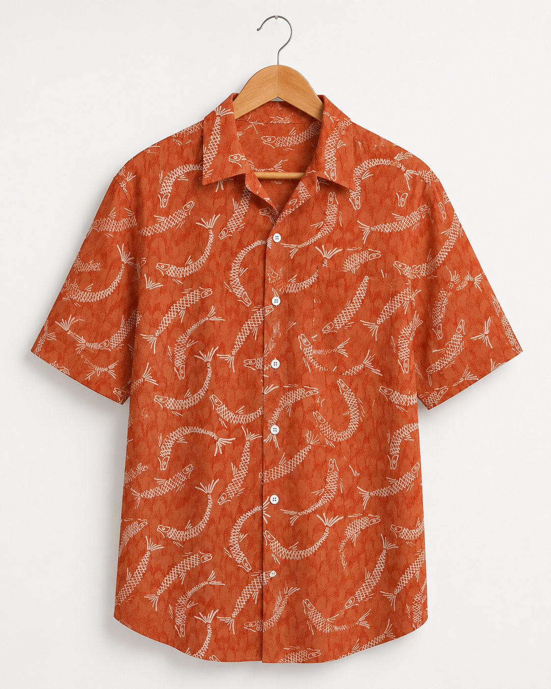 Men's Fish Skeleton Orange Hawaiian Shirt | Short Sleeve Shirt