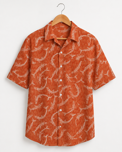 Men's Fish Skeleton Orange Hawaiian Shirt | Short Sleeve Shirt