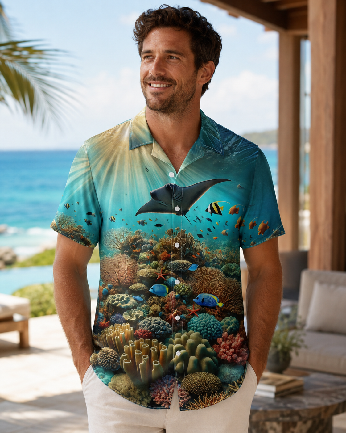 Men's Manta Ray Coral Reef Hawaiian Shirt | Short Sleeve Shirt