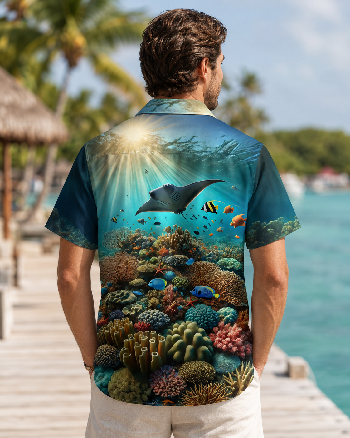 Men's Manta Ray Coral Reef Hawaiian Shirt | Short Sleeve Shirt