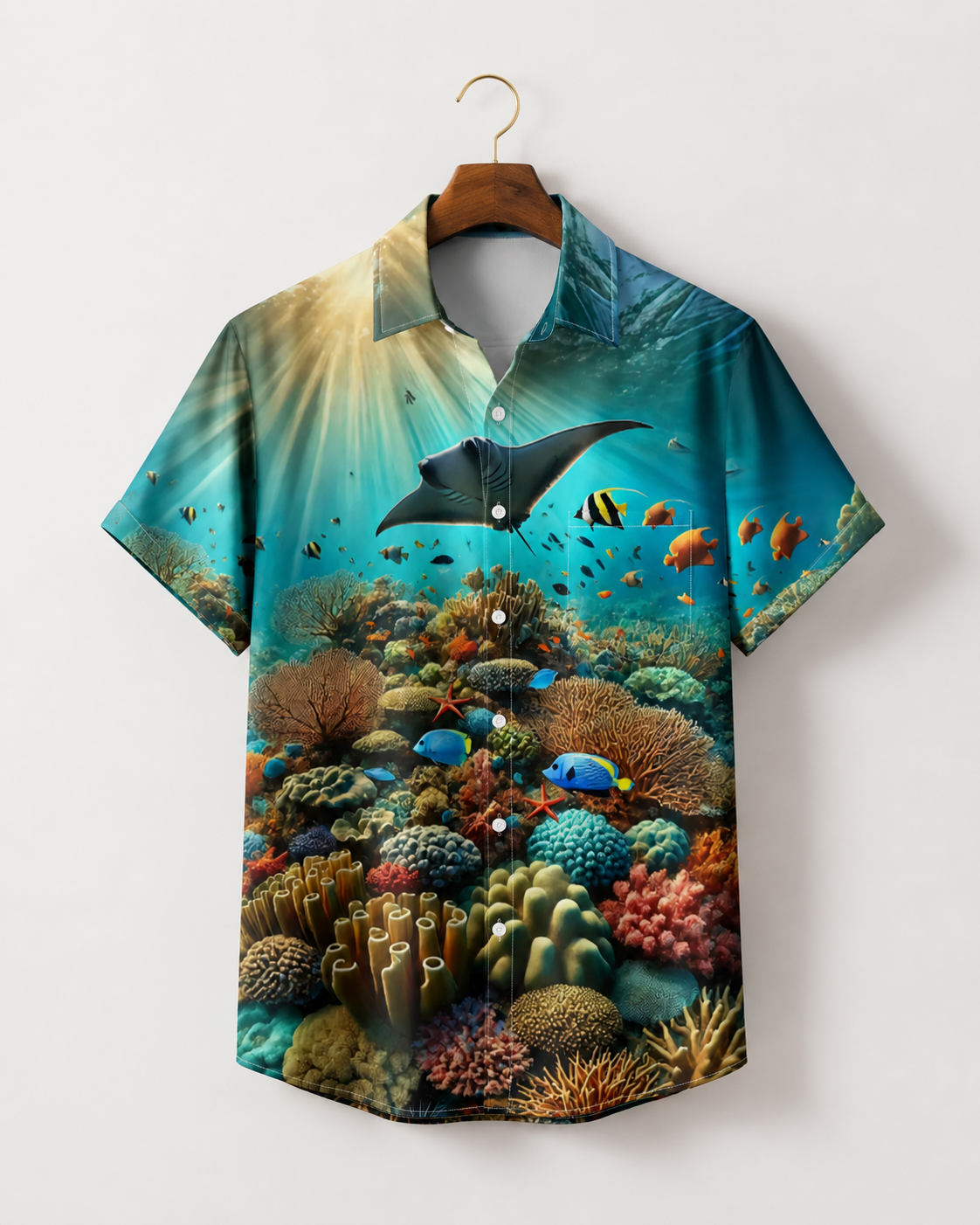 Men's Manta Ray Coral Reef Hawaiian Shirt | Short Sleeve Shirt