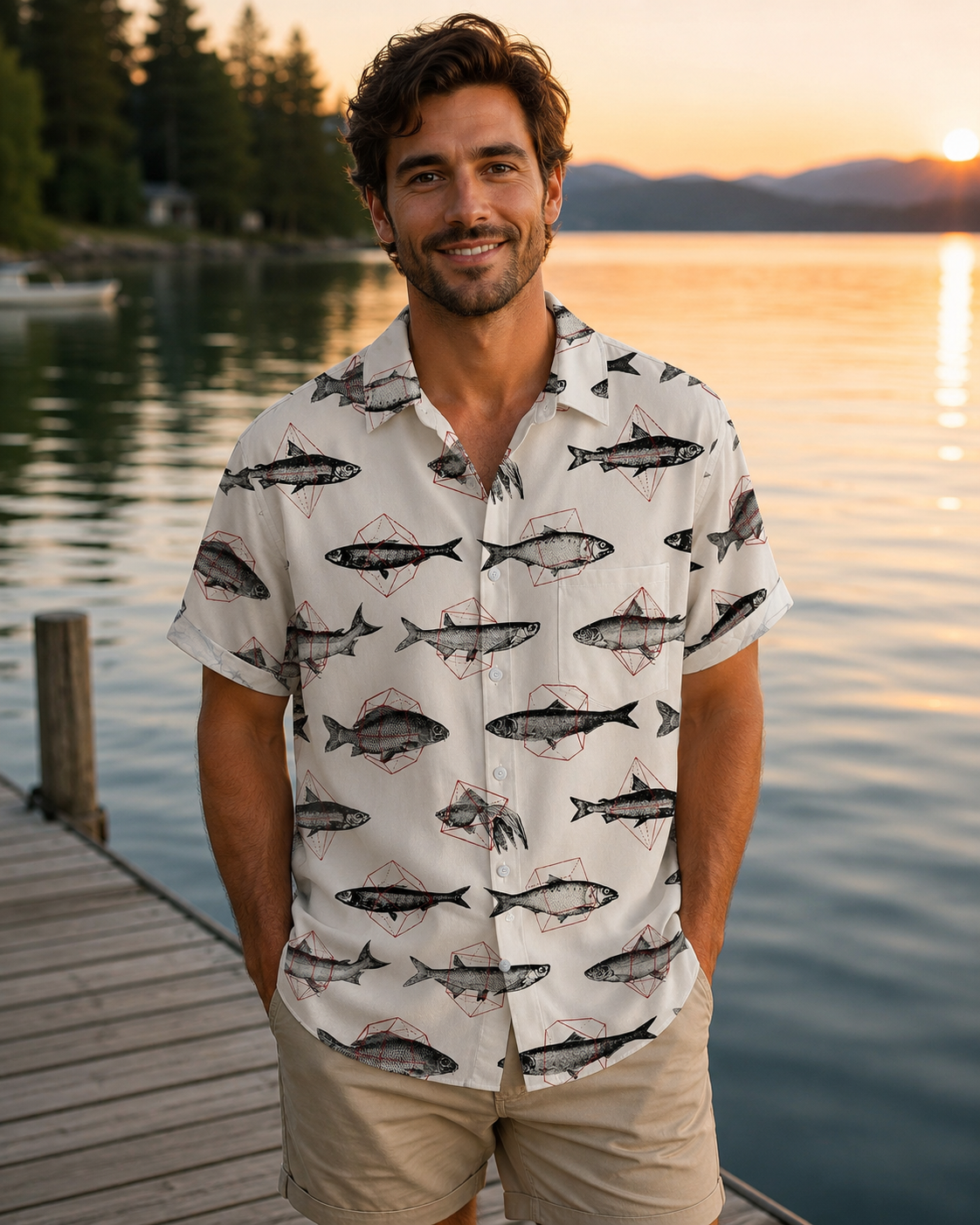 Vintage Sketch Fish Geometric Men's Hawaiian Button Shirt
