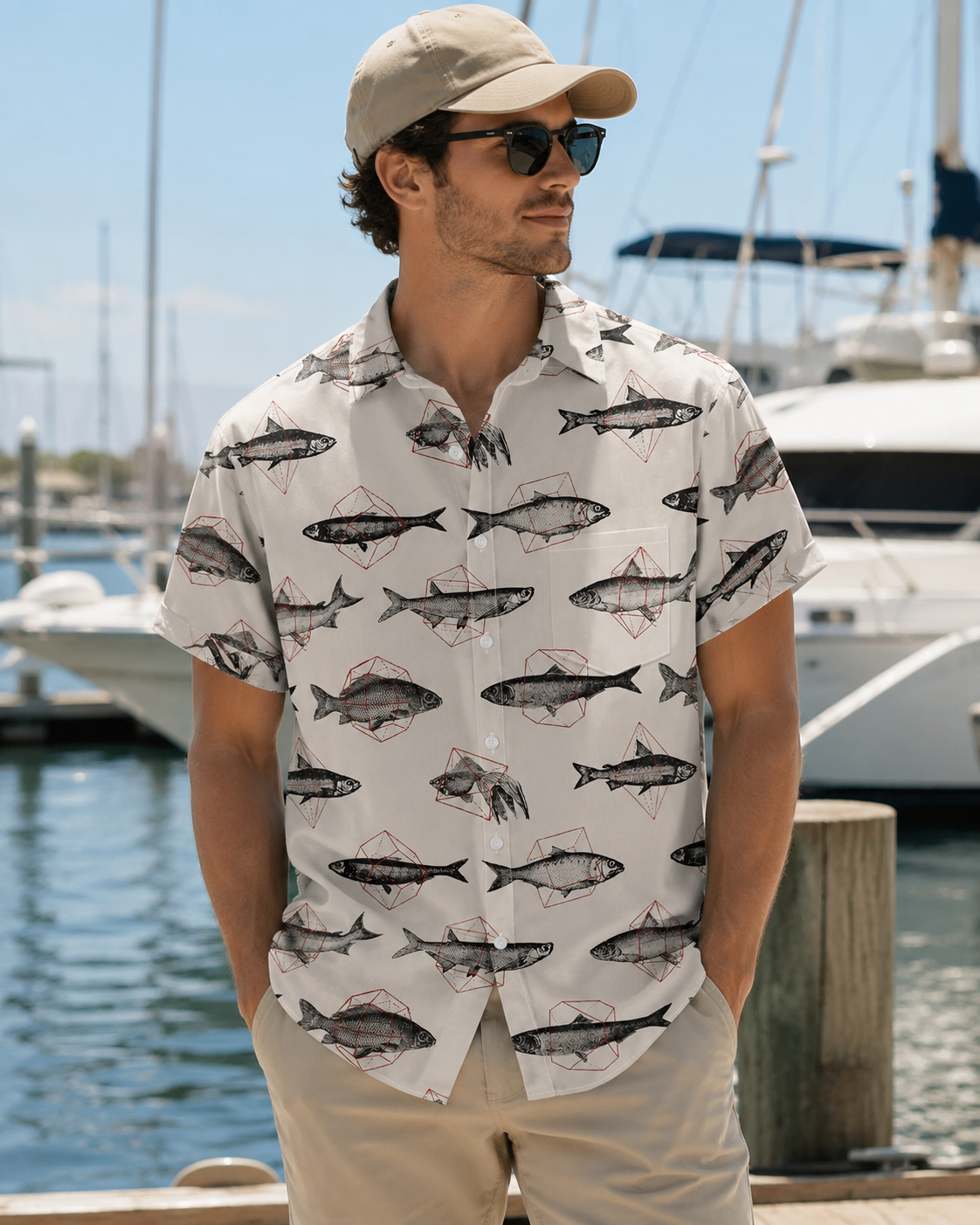 Vintage Sketch Fish Geometric Men's Hawaiian Button Shirt