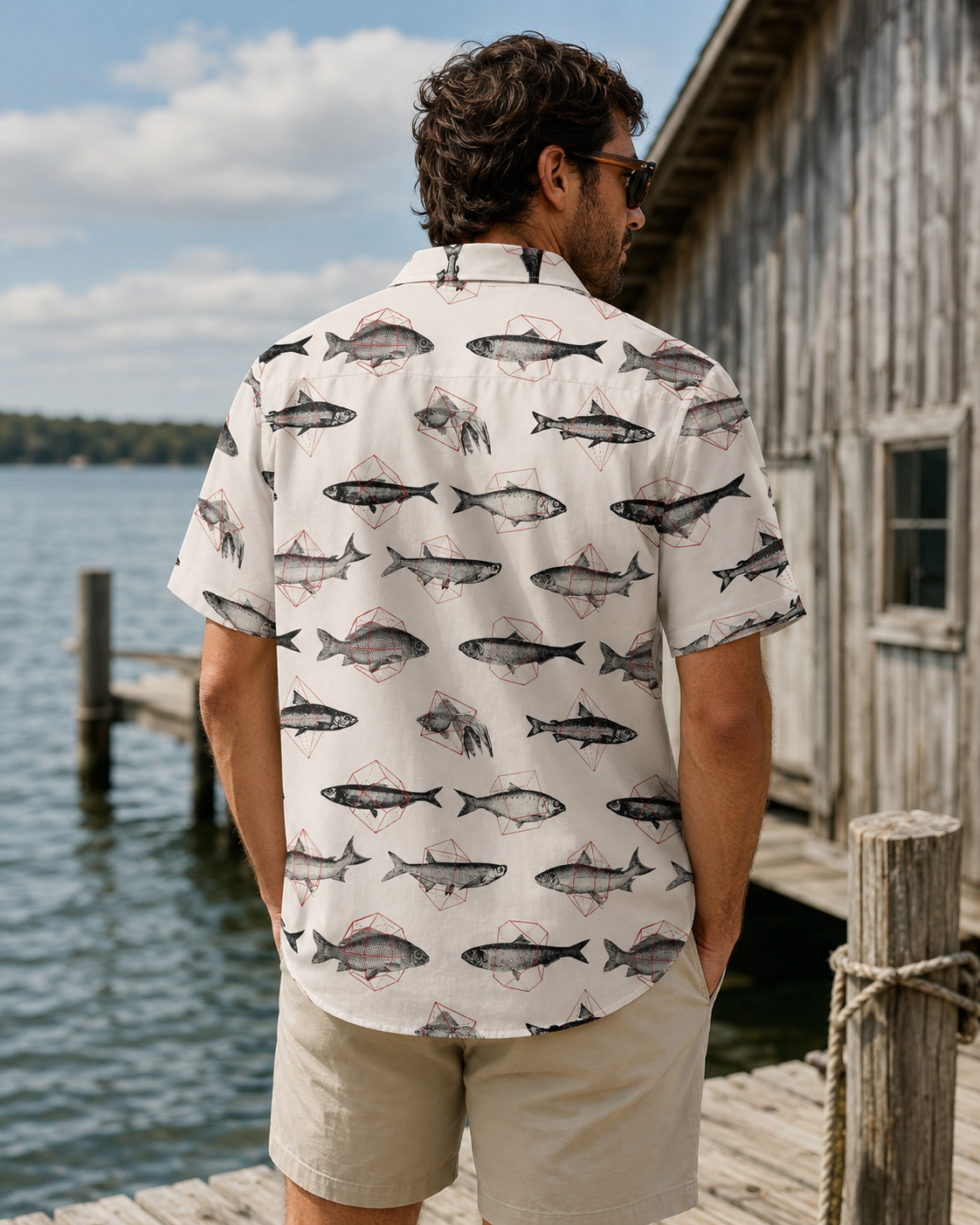 Vintage Sketch Fish Geometric Men's Hawaiian Button Shirt