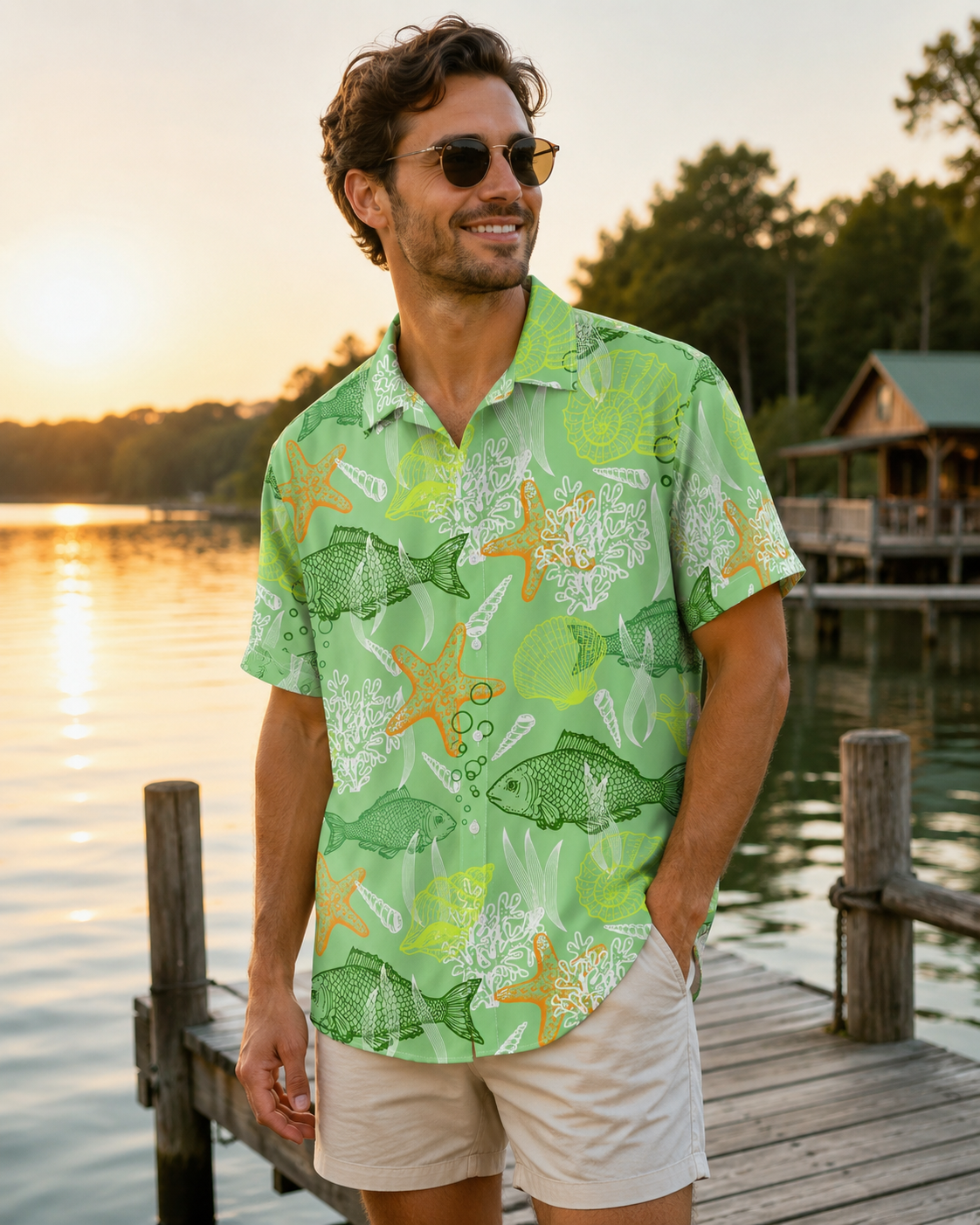 Green Ocean Fish Starfish Coral Men's Hawaiian Shirt