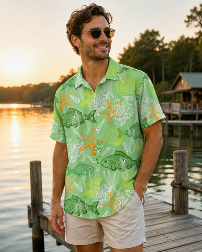 Green Ocean Fish Starfish Coral Men's Hawaiian Shirt