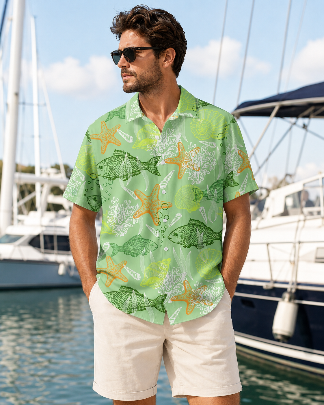 Green Ocean Fish Starfish Coral Men's Hawaiian Shirt