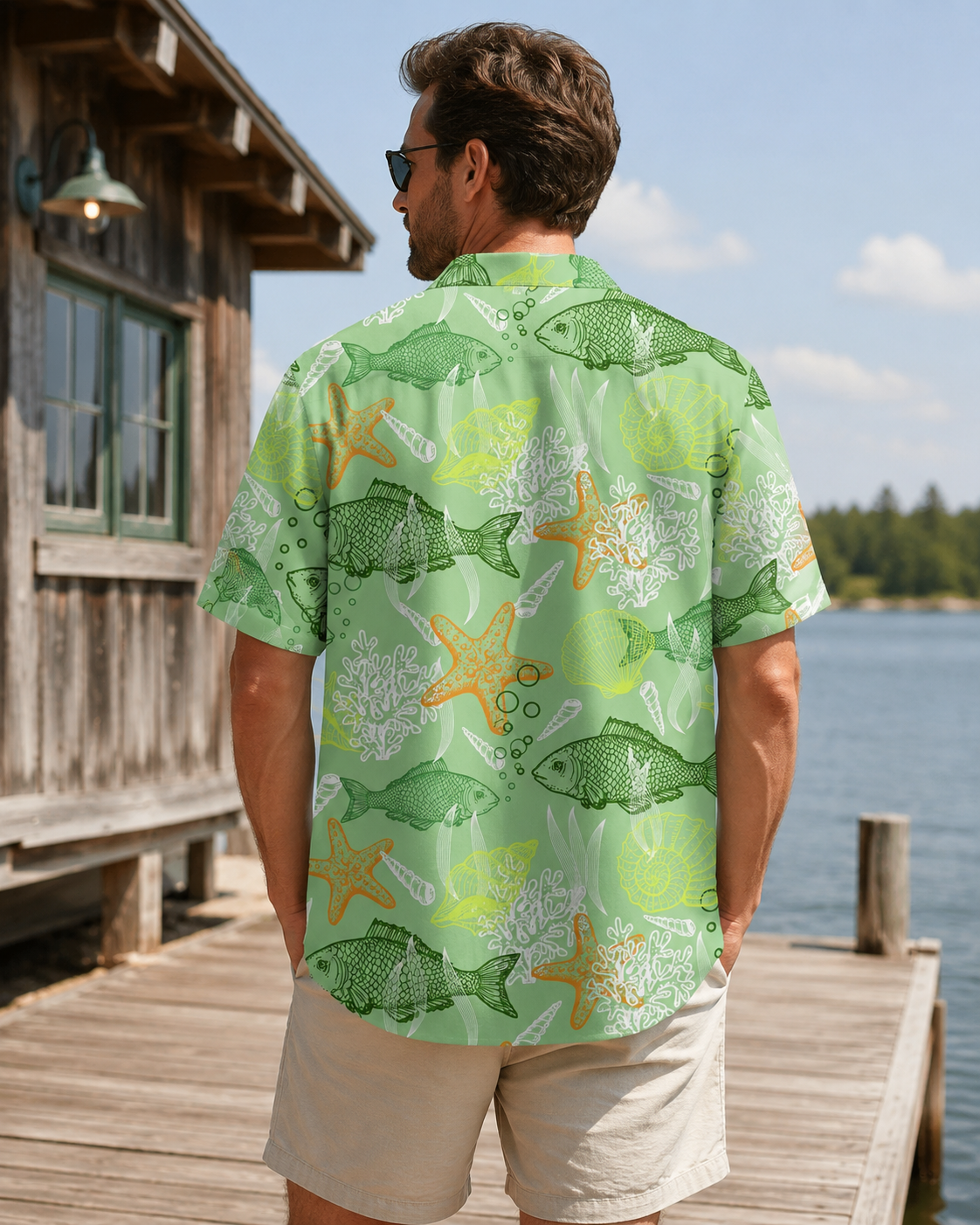 Green Ocean Fish Starfish Coral Men's Hawaiian Shirt