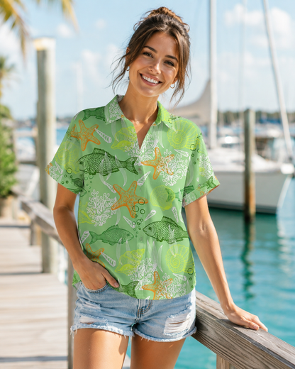 Green Ocean Fish Starfish Coral Men's Hawaiian Shirt