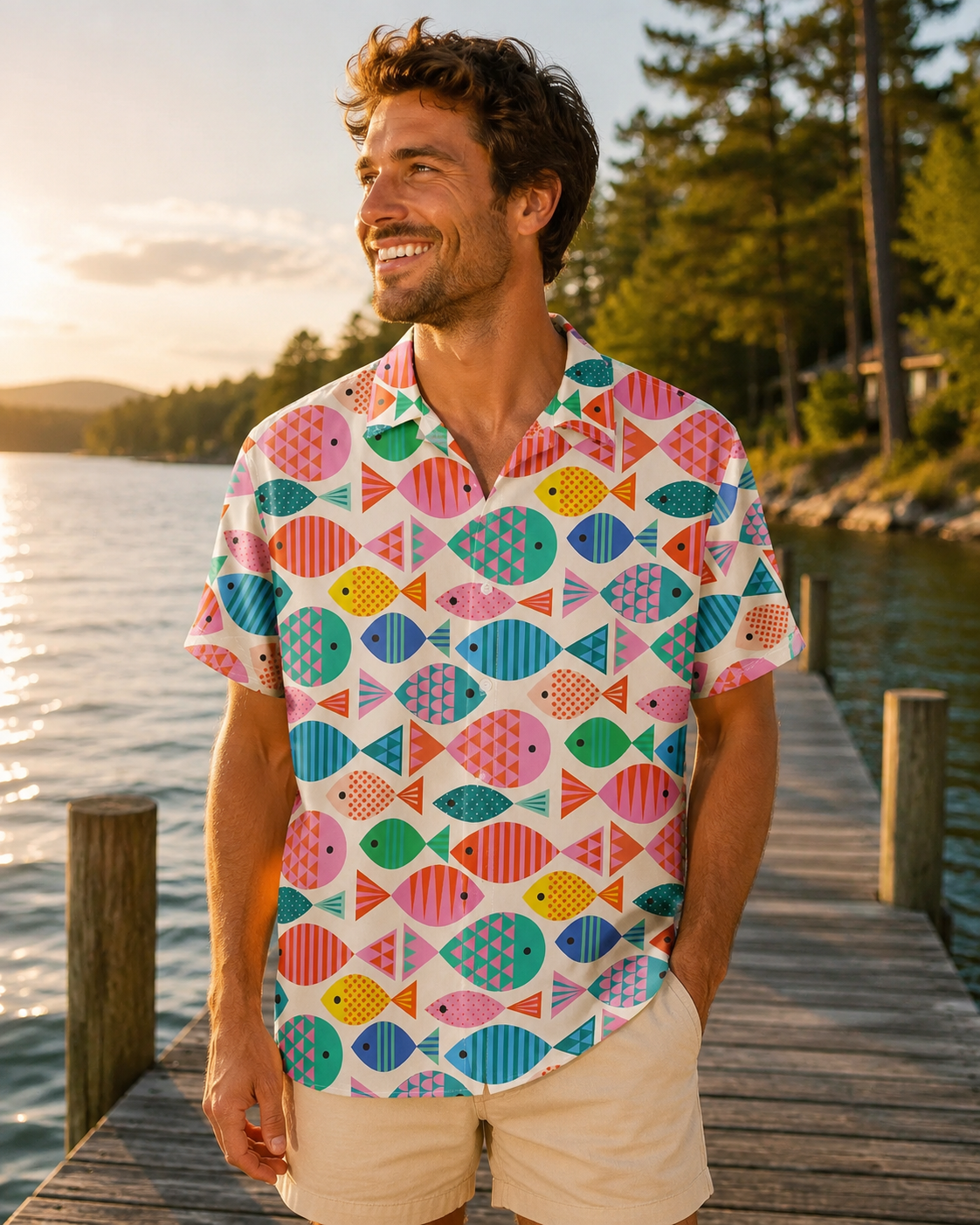 Colorful Geometric Fish Pattern Men's Hawaiian Shirt