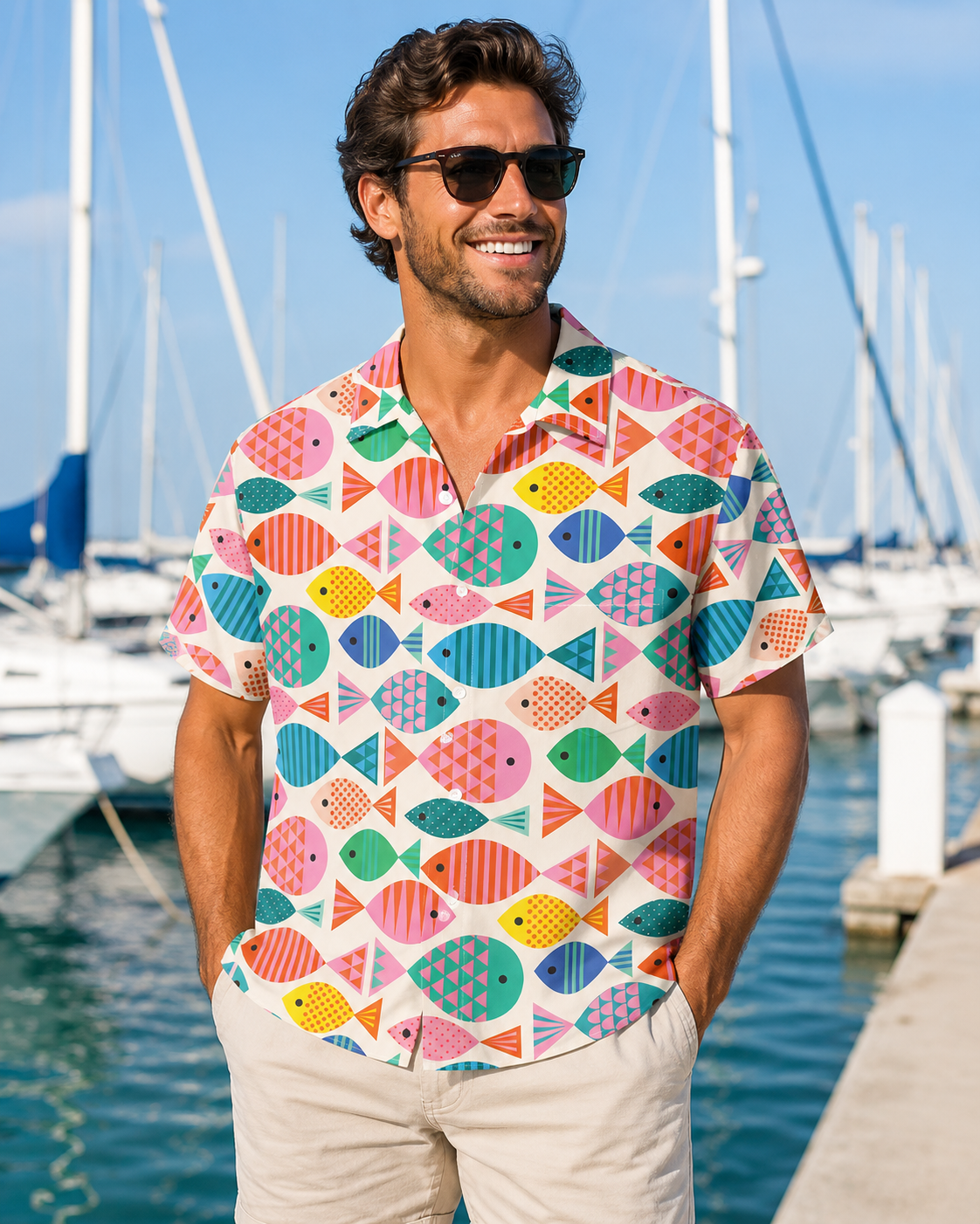 Colorful Geometric Fish Pattern Men's Hawaiian Shirt
