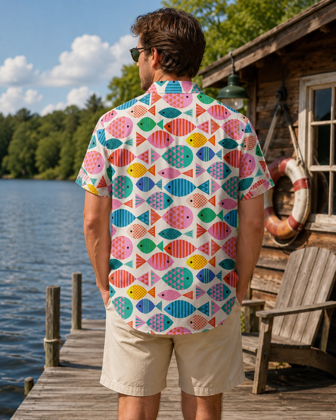 Colorful Geometric Fish Pattern Men's Hawaiian Shirt