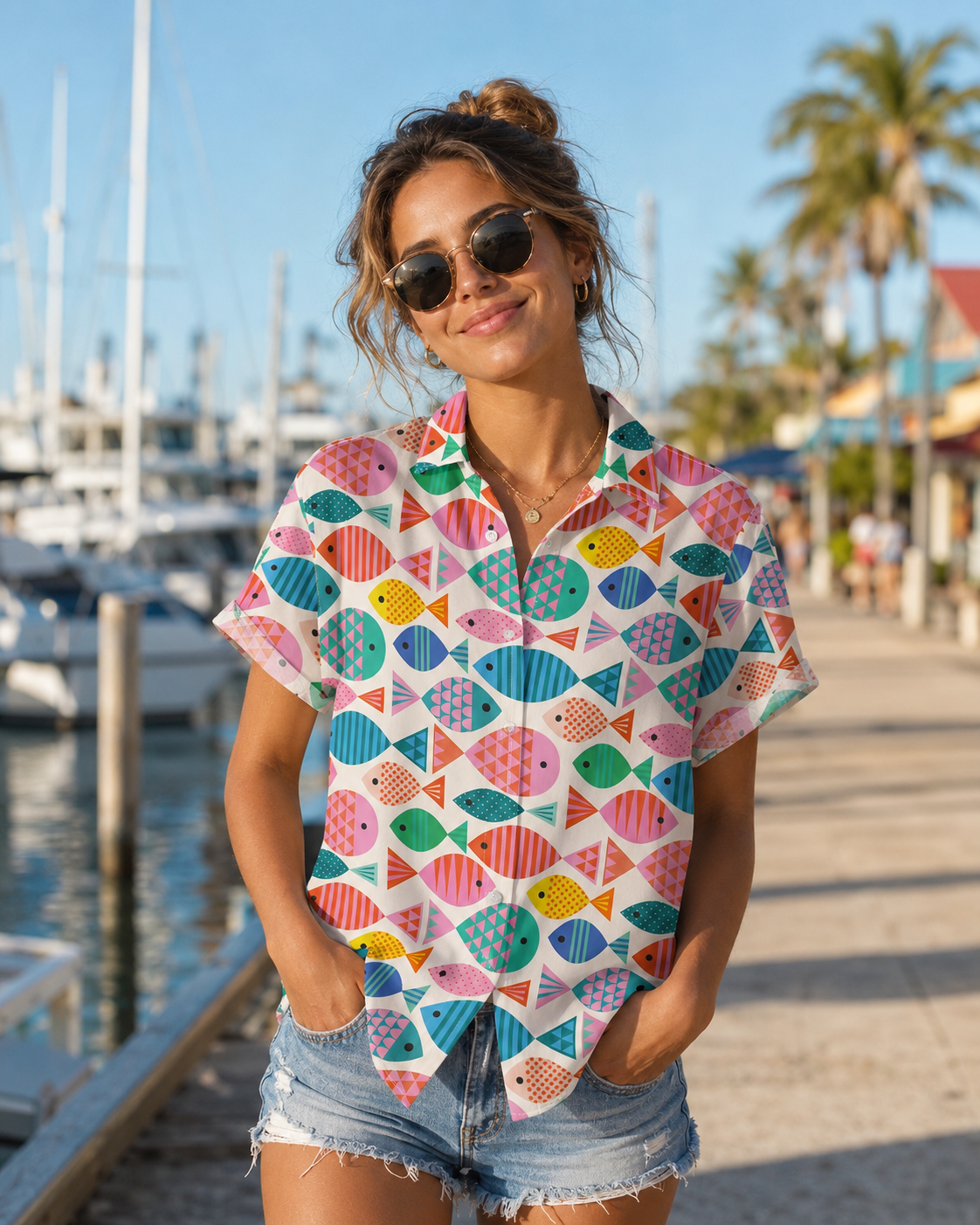 Colorful Geometric Fish Pattern Men's Hawaiian Shirt