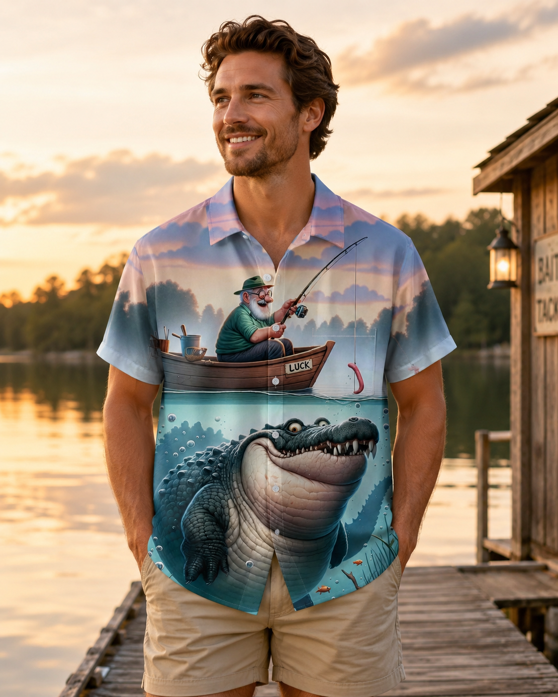 Funny Old Man Fishing Crocodile Men's Hawaiian Shirt