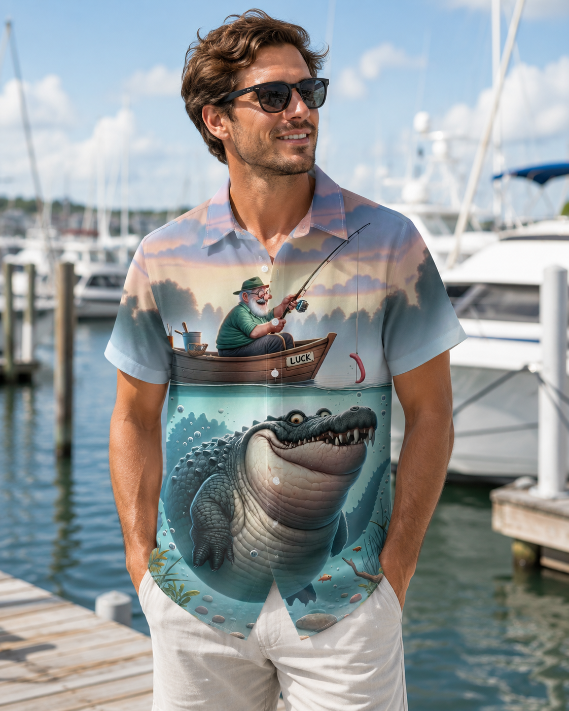 Funny Old Man Fishing Crocodile Men's Hawaiian Shirt
