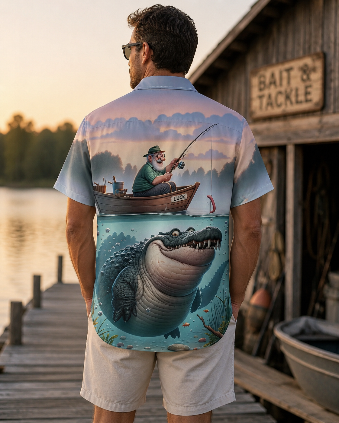 Funny Old Man Fishing Crocodile Men's Hawaiian Shirt