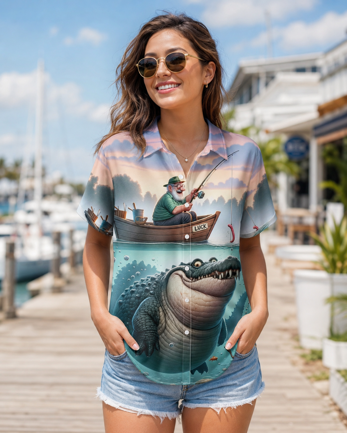 Funny Old Man Fishing Crocodile Men's Hawaiian Shirt