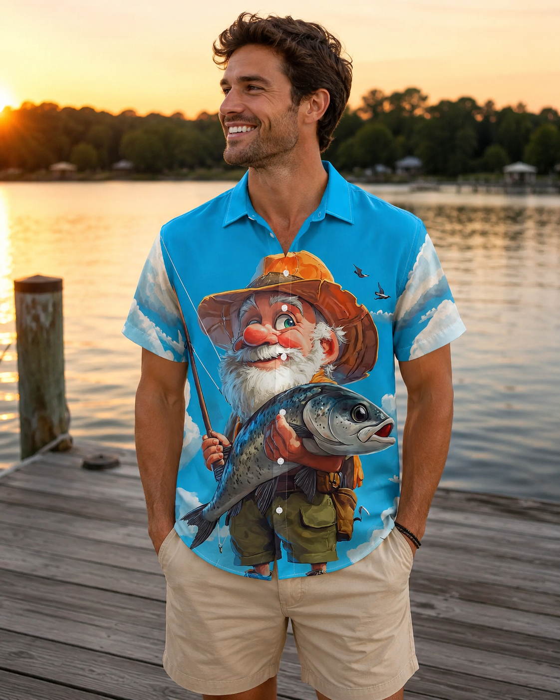 Cartoon Gnome Fisherman Big Catch Men's Hawaiian Shirt