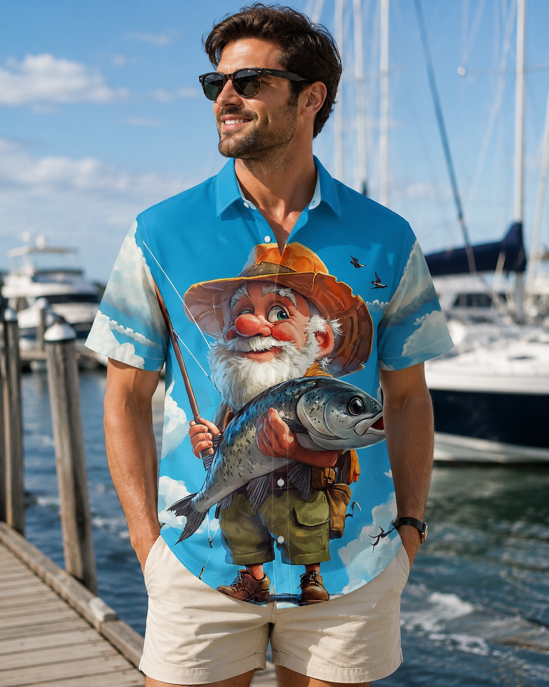 Cartoon Gnome Fisherman Big Catch Men's Hawaiian Shirt