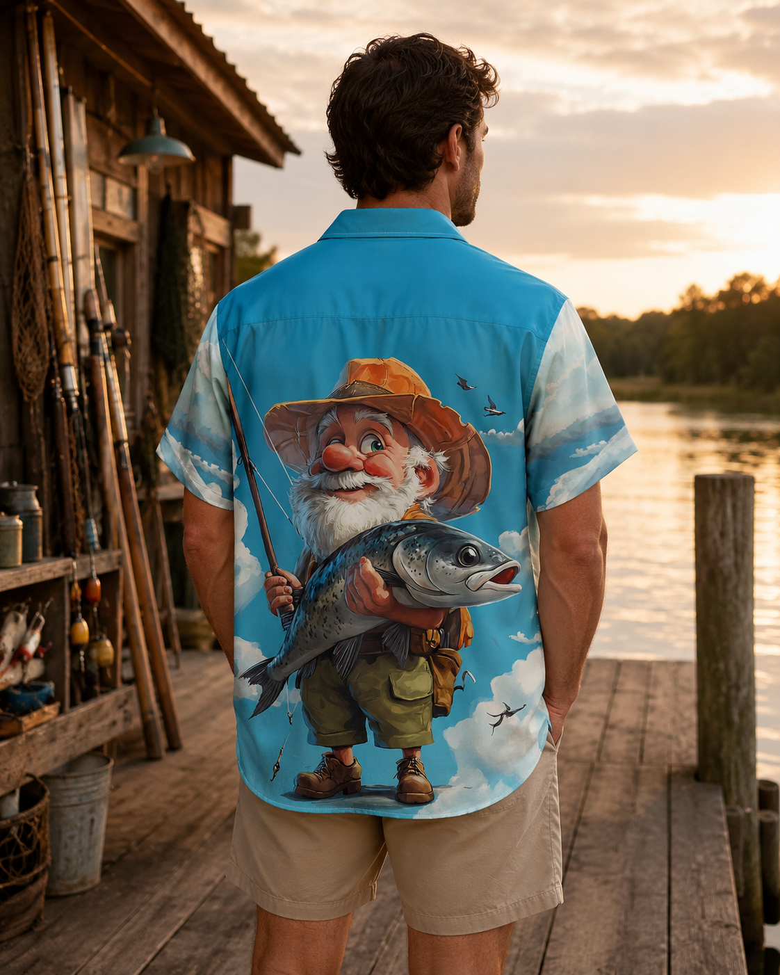 Cartoon Gnome Fisherman Big Catch Men's Hawaiian Shirt
