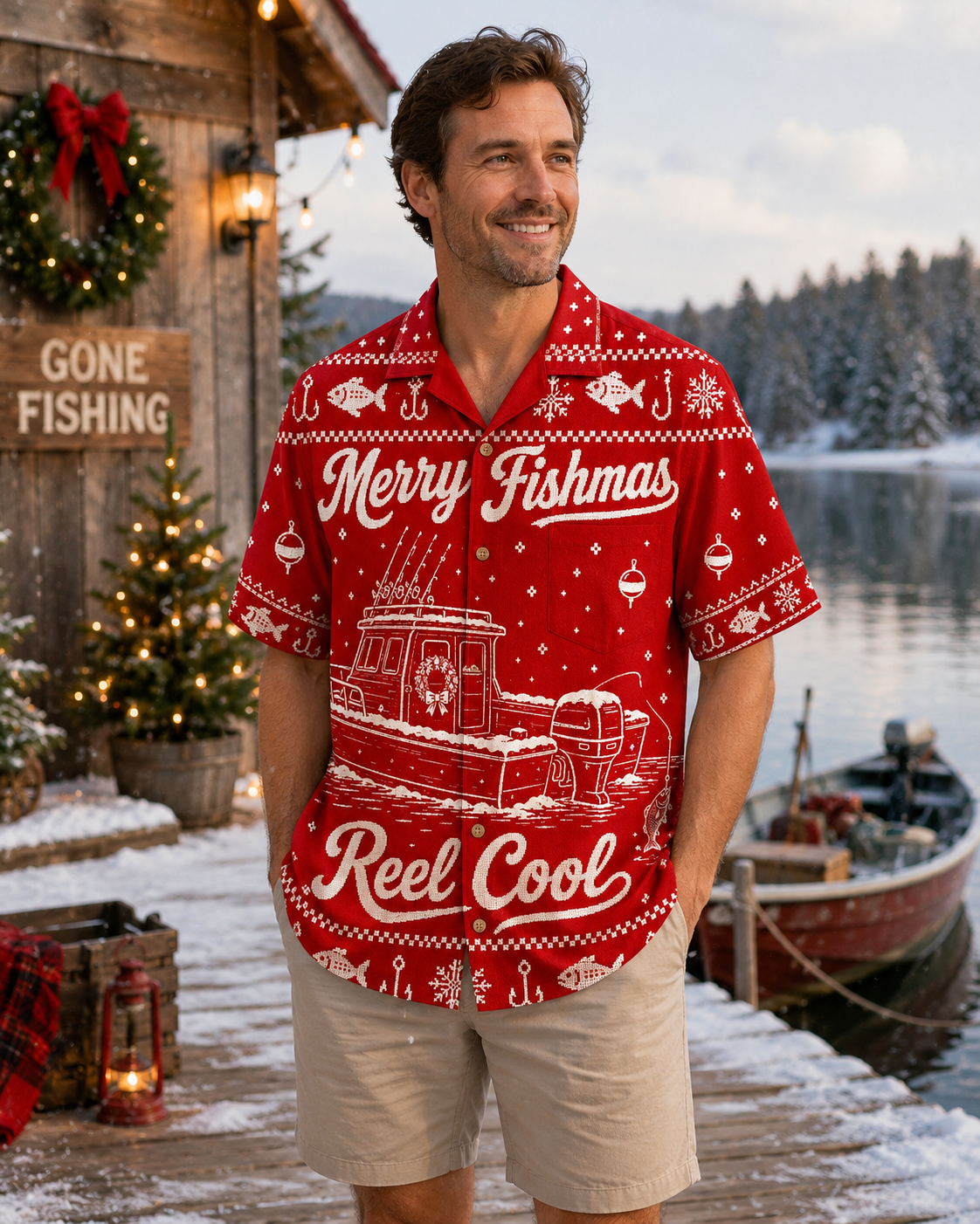Merry Fishmas Reel Cool Red Ugly Christmas Fishing Shirt