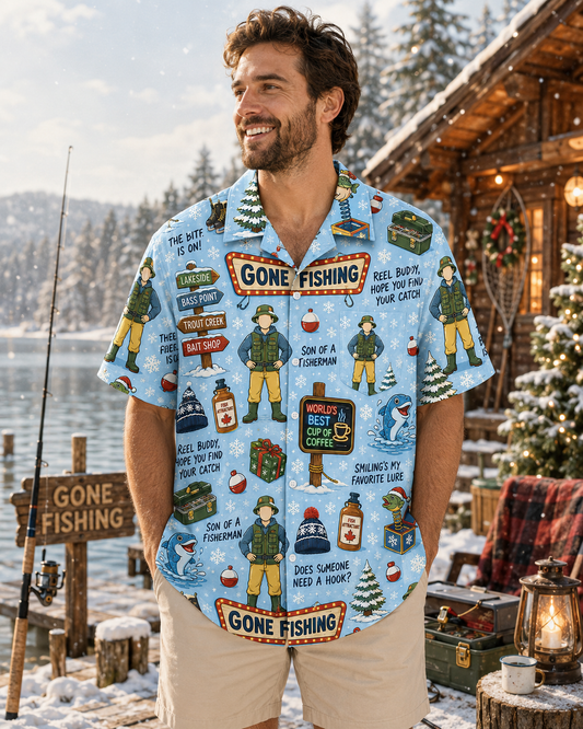 Gone Fishing Blue Christmas Snowflake Funny Quote Shirt