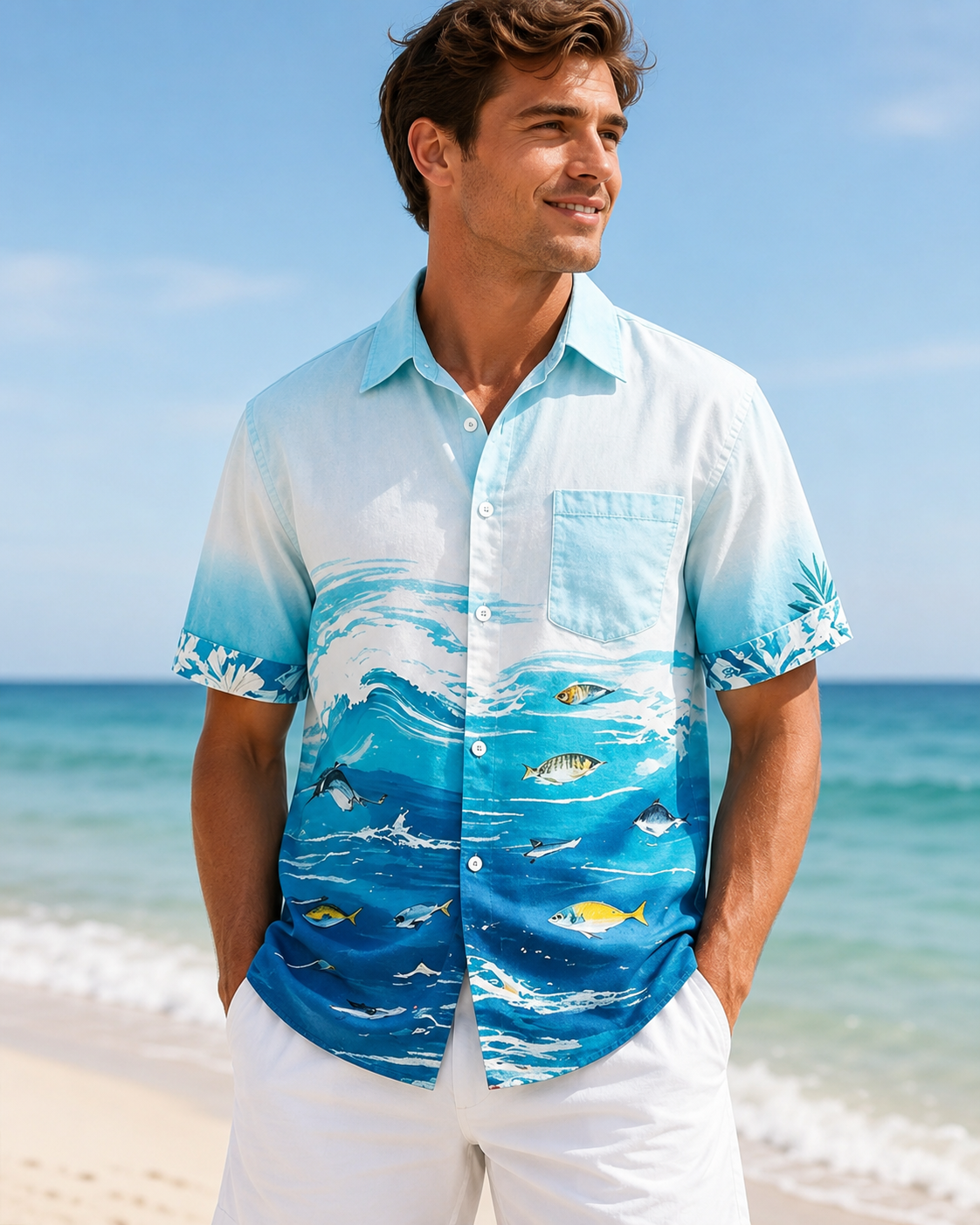 Men's Ocean Wave Fish Gradient Blue Hawaiian Shirt